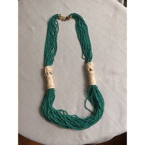 Elephant Multi Strand Seed Bead Necklace Teal Green Boho Statement Vintage